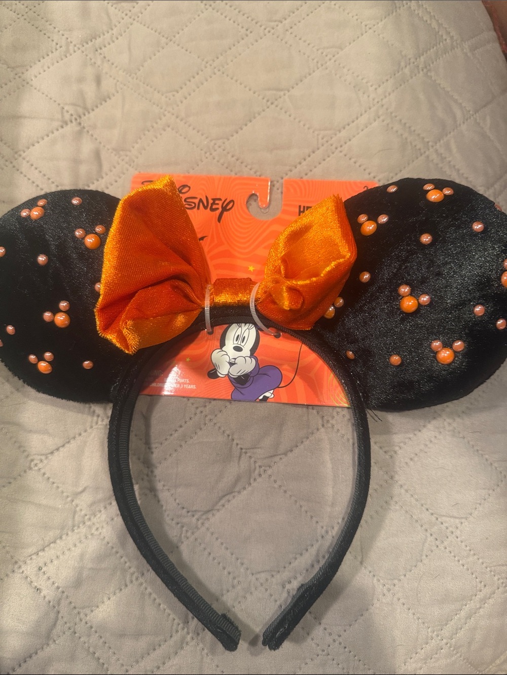 Disney Black Minnie Ears Headband with Orange Bow and Bead Accents